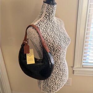 Geninue Leather- Chic Black Croc-Embossed Hobo Bag with Tan Accents.
